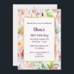18th誕生日パーティー招待ピンクの花ホワイト 招待状<br><div class="desc">18エレガントth birthday party invitation cardをテーマにしたタイムレスな夏と庭園。ボヘミアンとボホスタイル。ロマンチックな柔らかいパステルとピンクと桃の色と緑の色の花の水葉色。文字の白い背景。シックなフェイク金ゴールド。テンプレートの名前とパーティー詳細、濃い紫色の色の文字。</div>