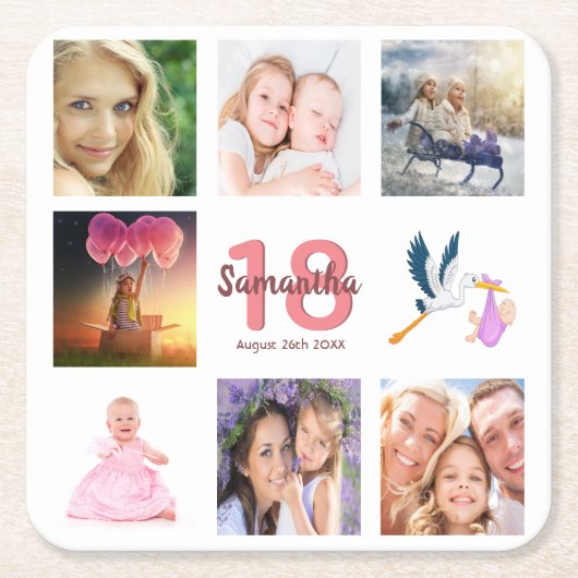 18th誕生日パーティー白名写真集 スクエアペーパーコースター (正面)
