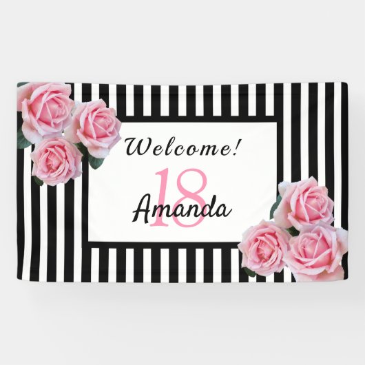 18th誕生日パーティー白黒ストライプ花模様 横断幕 (横)