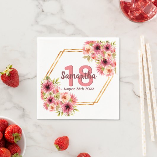 18th誕生日パーティー赤面ピンクフローラ幾何学的 スタンダードカクテルナプキン (インサイチュ)