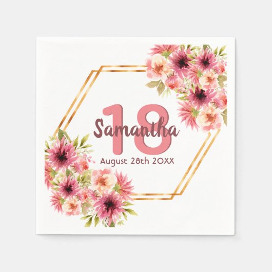 18th誕生日パーティー赤面ピンクフローラ幾何学的 スタンダードカクテルナプキン (正面)