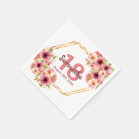 18th誕生日パーティー赤面ピンクフローラ幾何学的 スタンダードカクテルナプキン (角)