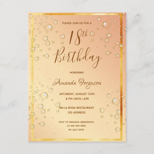 18th誕生日パーティー金ゴールドバブルgram招待 ポストカード (正面)
