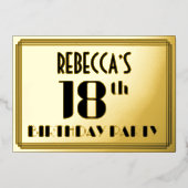 18th誕生日パーティー:アールデコの外観"18"と名前 箔招待状 (正面)