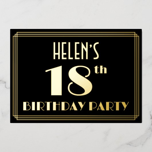 18th誕生日パーティー:アールデコを見る"18",名前と 箔招待状 (正面)