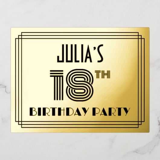 18th誕生日パーティー~アールデコスタイル"18" +名前 箔招待状ポストカード (正面)