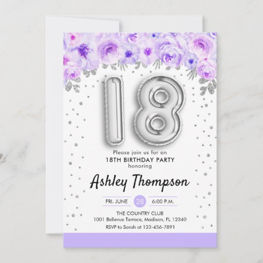 18th誕生日パーティー – シルバー・バルーン紫 招待状 (正面)