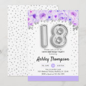 18th誕生日パーティー – シルバー・バルーン紫 招待状 (正面/裏面)