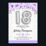 18th誕生日パーティー – シルバー・バルーン紫 招待状<br><div class="desc">18th誕生日パーティーの招待。フローラエレガントアクセント付きフェイクグリッターシルバーのデザイン。招待状カードとシルバー番号18バルーン、スクリプトフォントと紙吹雪。パステルパープル、ラベンダーホワイト。18日目のスタイリッシュお祝いに最適。メッセージもしメッセージはカスタム年齢。</div>