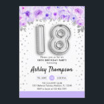 18th誕生日パーティー – シルバー・バルーン紫 招待状<br><div class="desc">18th誕生日パーティーの招待。フローラエレガントアクセント付きフェイクグリッターシルバーのデザイン。招待状カードとシルバー番号18バルーン、スクリプトフォントと紙吹雪。パステルパープル、ラベンダーホワイト。18日目のスタイリッシュお祝いに最適。メッセージもしメッセージはカスタム年齢。</div>