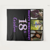 18th誕生日パーティー、紫のグリッターと3枚の写真 タペストリー (正面(横))