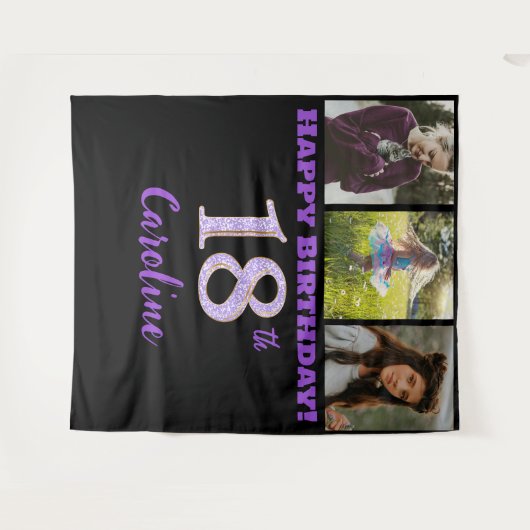 18th誕生日パーティー、紫のグリッターと3枚の写真 タペストリー (正面(横))