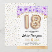 18th誕生日パーティー – 金ゴールドバルーン紫 招待状 (正面/裏面)