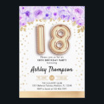 18th誕生日パーティー – 金ゴールドバルーン紫 招待状<br><div class="desc">18th誕生日パーティーの招待。エレガントデザインのグリッターフェイク金ゴールドとフローラアクセント。招待状カード、金ゴールド番号18バルーン、紙吹雪付きスクリプトフォント。紫、ラベンダー、白。18日目のスタイリッシュお祝いに最適。メッセージもしメッセージはカスタム年齢。</div>