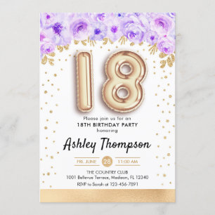 18th誕生日パーティー – 金ゴールドバルーン紫 招待状
