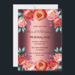18th誕生日パーティーburgundyピンクフローラ 招待状<br><div class="desc">18歳エレガントの誕生日パーティーの招待状。ピンクコンテンポラリー、桃、珊瑚色の水色の花を装飾として。ブルゴーニュフェイクーのメタリックな背景。名前は黒書字のスタイルスクリプトで。</div>