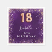 18th誕生日パープルバラ金ゴールドスパークル名 スタンダードカクテルナプキン (正面)