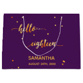 18th誕生日パープル金ゴールドhello 18スクリプト名 ラージペーパーバッグ (正面)