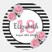 18th誕生日ピンクのバラの白黒ストライプ ラウンドシール (正面)