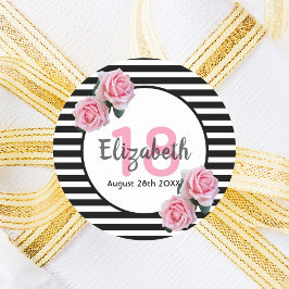 18th誕生日ピンクのバラの白黒ストライプ ラウンドシール