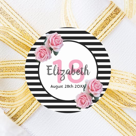 18th誕生日ピンクのバラの白黒ストライプ ラウンドシール