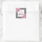 18th誕生日ピンクの花模様オン白黒ストライプ スクエアシール (バッグ)