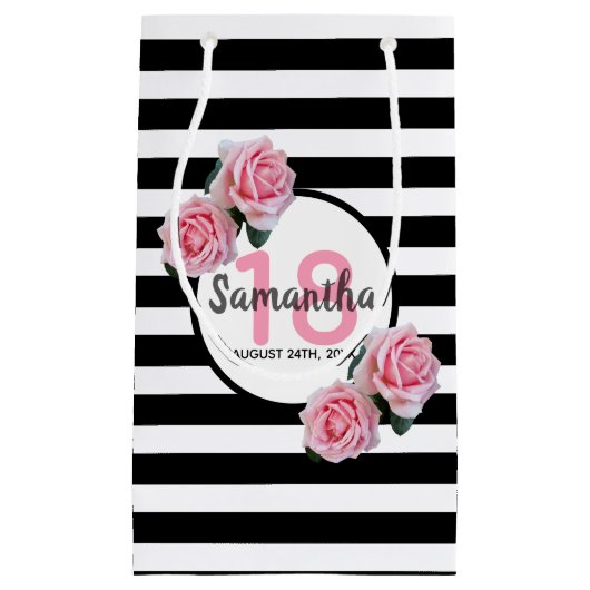18th誕生日ピンクローズ白黒ストライプ スモールペーパーバッグ (正面)