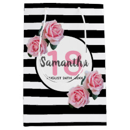 18th誕生日ピンクローズ白黒ストライプ ミディアムペーパーバッグ