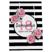 18th誕生日ピンクローズ白黒ストライプ ミディアムペーパーバッグ (裏面)