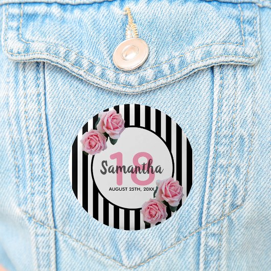 18th誕生日ピンクローズ白黒ストライプ 缶バッジ