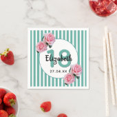 18th誕生日ピンク花模様ティール（緑がかった色）グリーンストライプ名 スタンダードカクテルナプキン (インサイチュ)