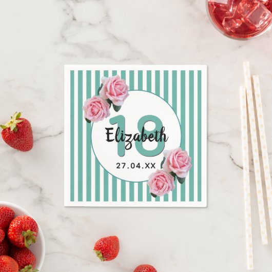 18th誕生日ピンク花模様ティール（緑がかった色）グリーンストライプ名 スタンダードカクテルナプキン (インサイチュ)