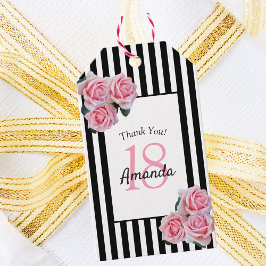 18th誕生日ピンク花模様バラブラックストライプ ギフトタグ