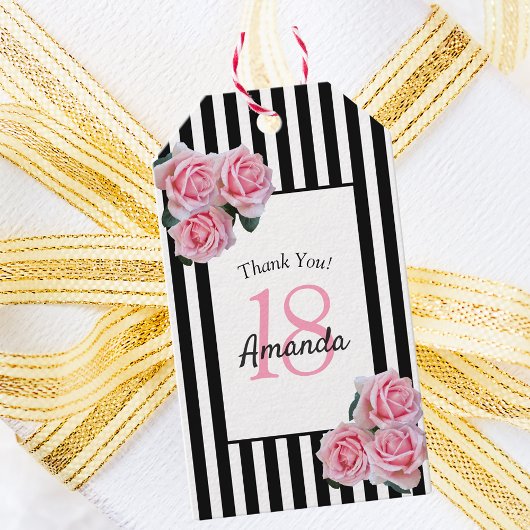 18th誕生日ピンク花模様バラブラックストライプ ギフトタグ