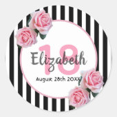 18th誕生日ピンク花模様ブラックストライプ名 ラウンドシール (正面)