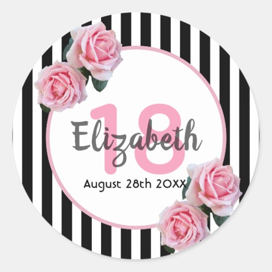 18th誕生日ピンク花模様ブラックストライプ名 ラウンドシール (正面)
