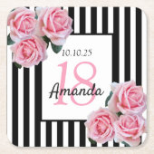 18th誕生日ピンク花模様白黒ストライプ スクエアペーパーコースター (正面)