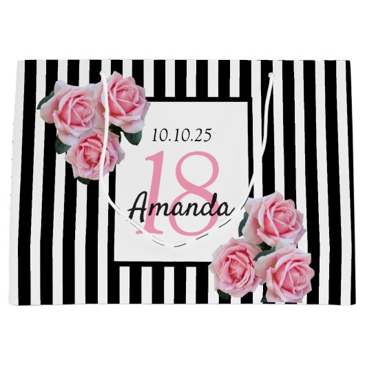 18th誕生日ピンク花模様白黒ストライプ ラージペーパーバッグ (正面)