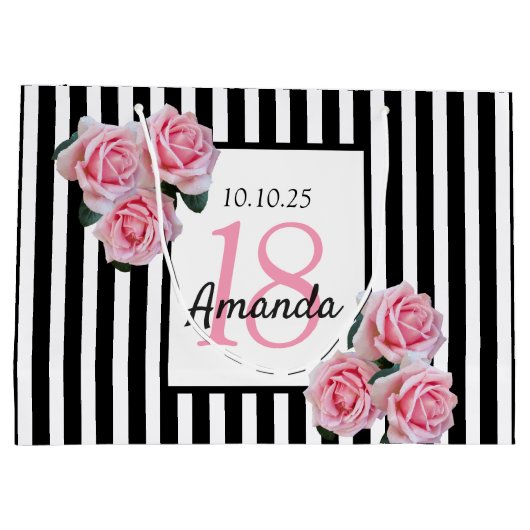 18th誕生日ピンク花模様白黒ストライプ ラージペーパーバッグ (裏面)