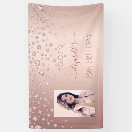 18th誕生日フォトバラ金ゴールドピンク光沢ダイヤモンド 横断幕 (縦)