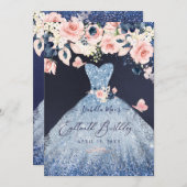 18th誕生日フローラダスティブルーグリッターガウン 招待状 (正面/裏面)