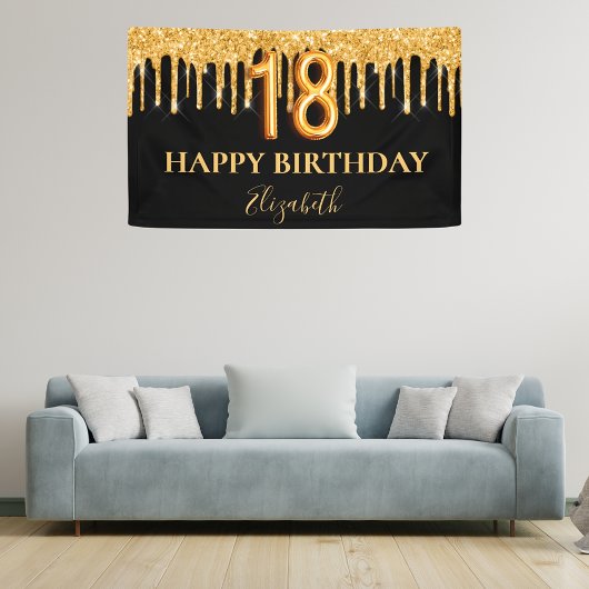18th誕生日ブラック金ゴールドグリッターへようこそ 横断幕