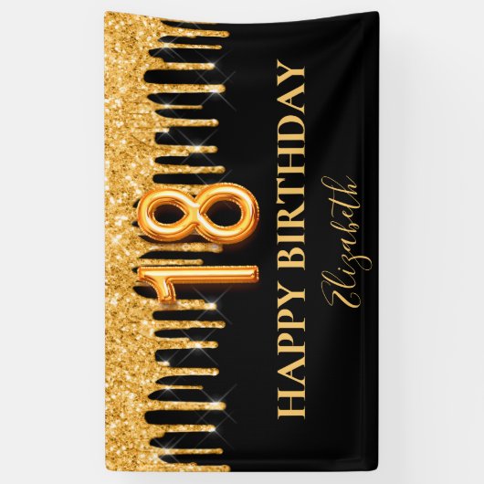 18th誕生日ブラック金ゴールドグリッターへようこそ 横断幕 (縦)