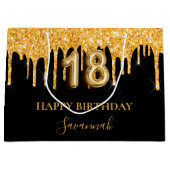 18th誕生日ブラック金ゴールドグリッタードライブ名 ラージペーパーバッグ (正面)
