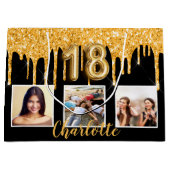 18th誕生日ブラック金ゴールドグリッタードリップフォト ラージペーパーバッグ (正面)