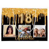 18th誕生日ブラック金ゴールドグリッタードリップフォト ラージペーパーバッグ (裏面)