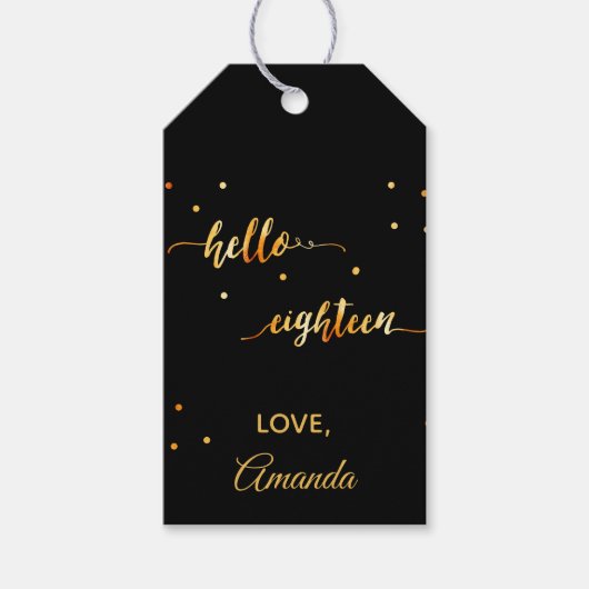 18th誕生日ブラック金ゴールドhello 18タイポグラフィ名 ギフトタグ (正面)