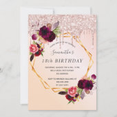 18th誕生日ブルゴーニュ花模様バラ金ゴールドグリッター 招待状 (正面)