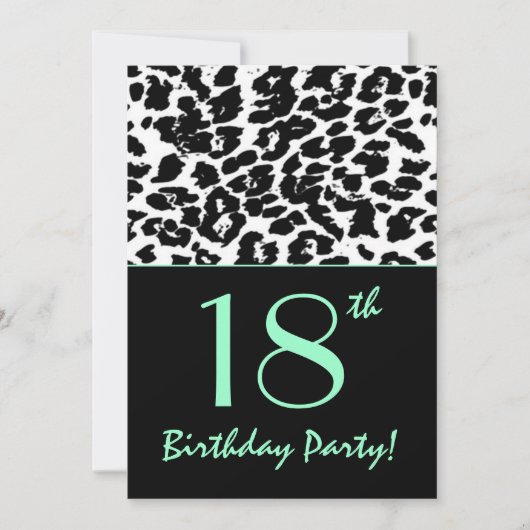 18th誕生日レオパードプリント白黒アクア 招待状 (正面)