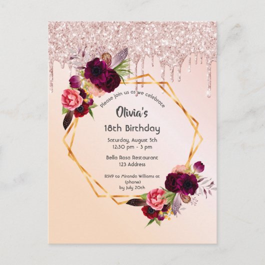 18th誕生日花模様バラ金ゴールドグリッター招待 ポストカード (正面)